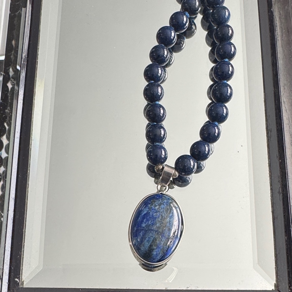 Navy Beaded Necklace with Silver Pendant